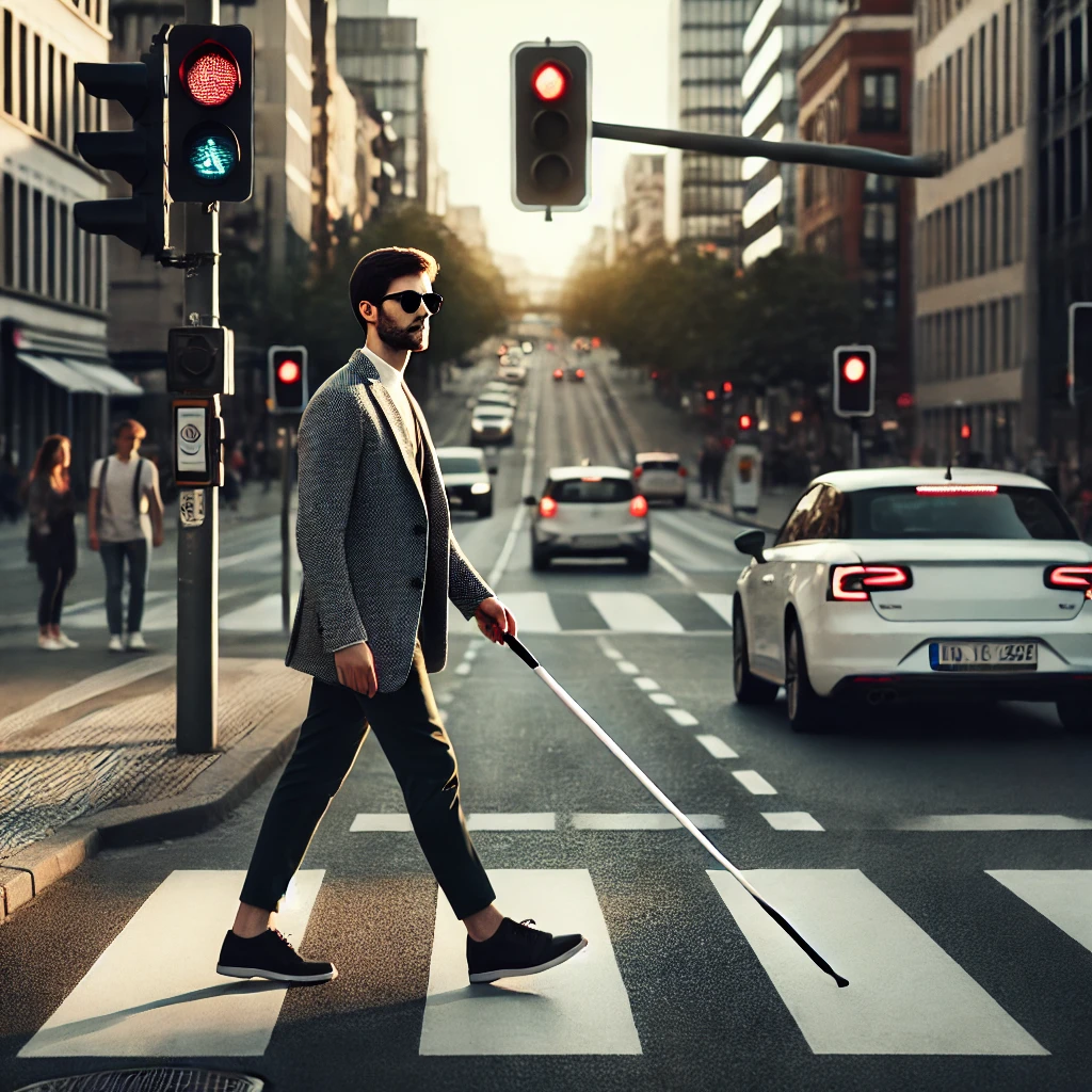 A blind person crossing the street using a cane
