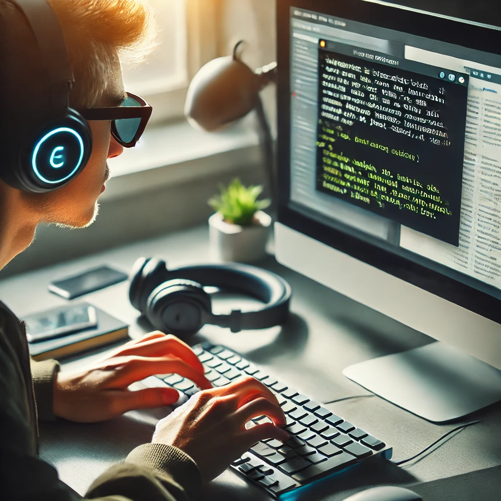 A blind person using a computer with screen reader